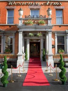 Front of Westenra Arms Hotel with a red carpet rolled out