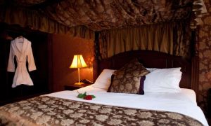 Bed with white and brown bedding and a rose on it