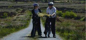 Couple on bicycles looking at a map