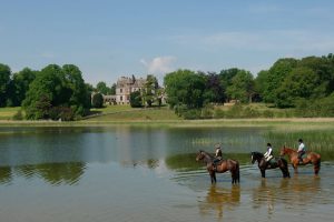 3 people on horses standing at a lake